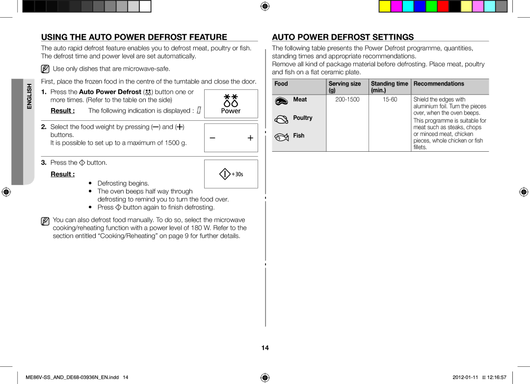 Samsung ME86V-SS/AND, ME86V-SS/SLI Using the Auto Power Defrost Feature, Auto Power Defrost Settings, Poultry, Fillets 