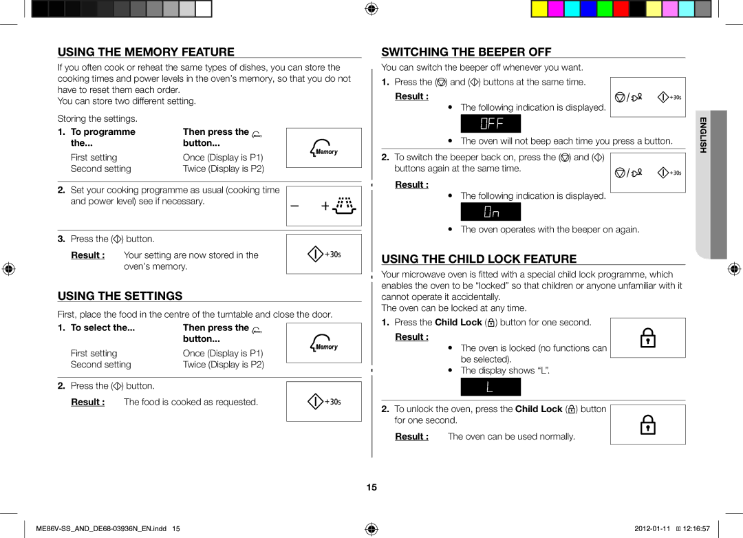 Samsung ME86V-SS/SLI Using the Memory Feature, Using the Settings, Switching the Beeper OFF, Using the Child Lock Feature 