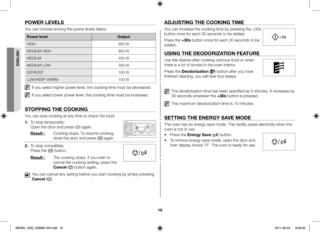 Samsung ME86V-SS/FAL manual Power levels, Stopping the cooking, Adjusting the cooking time, Using the deodorization feature 