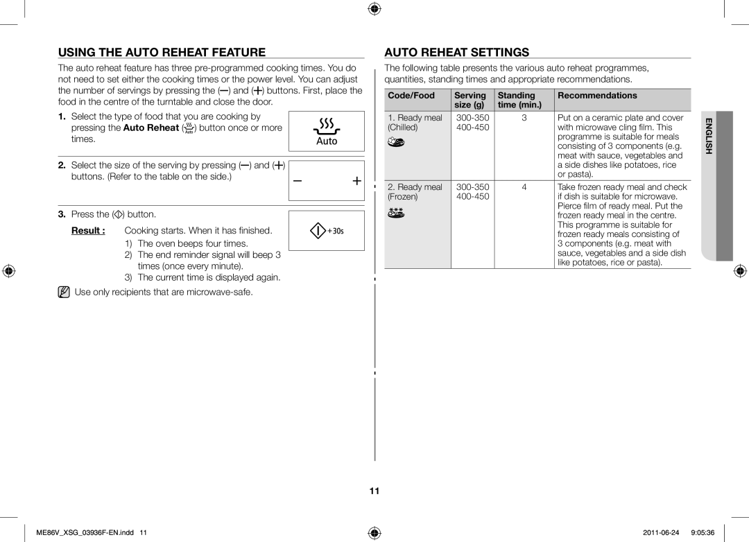 Samsung ME86V-SS/FAL manual Using the auto reheat feature, Auto reheat settings 