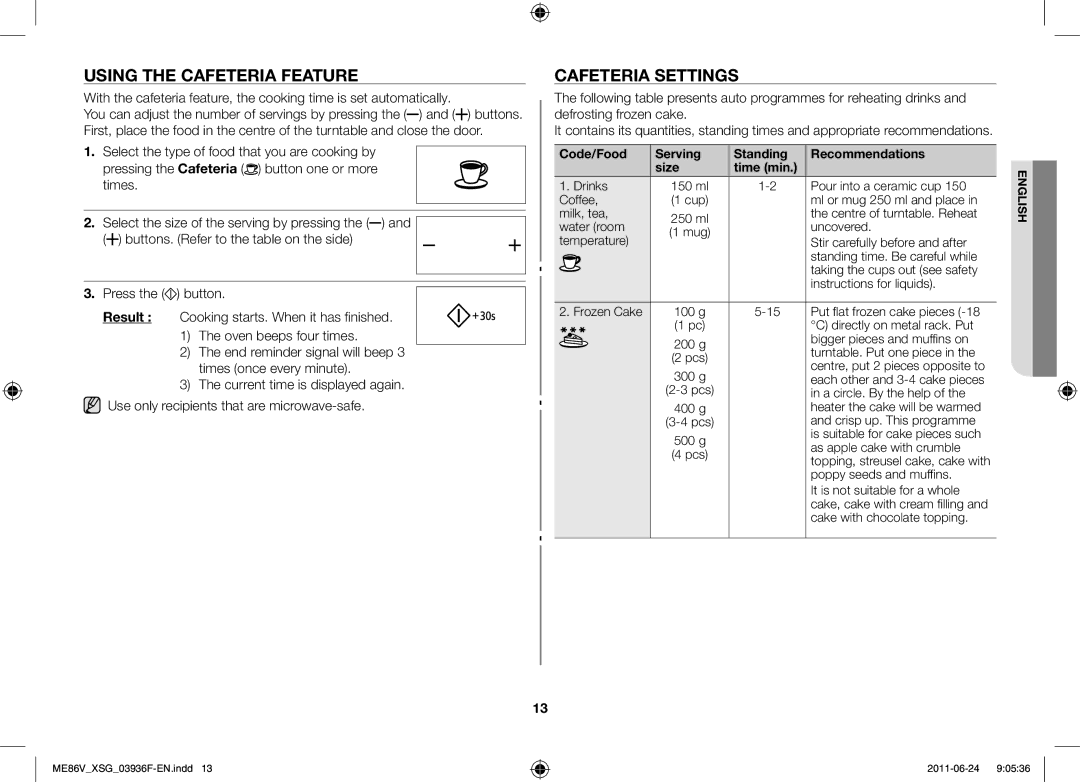 Samsung ME86V-SS/FAL manual Using the cafeteria feature, Cafeteria settings 