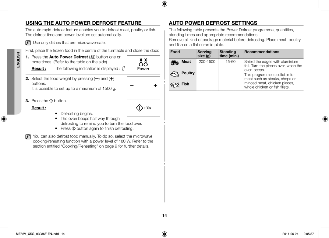 Samsung ME86V-SS/FAL manual Using the auto power defrost feature, Auto power defrost settings, Result 