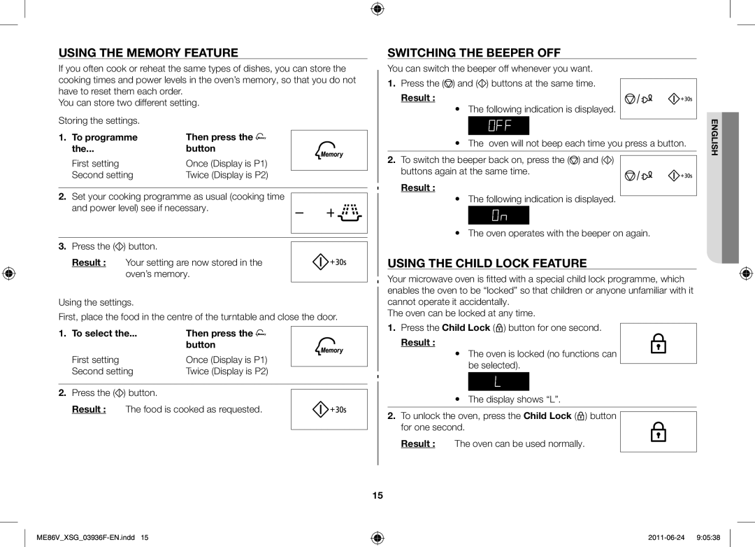 Samsung ME86V-SS/FAL Using the memory feature, Switching the beeper off, Using the child lock feature, Second setting 