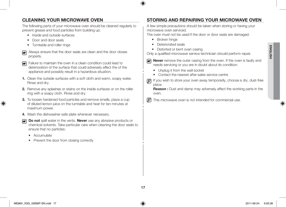 Samsung ME86V-SS/FAL manual Cleaning your microwave oven, Storing and repairing your microwave oven 