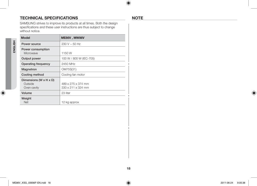 Samsung ME86V-SS/FAL manual Technical specifications, Model ME86V , MW86V 