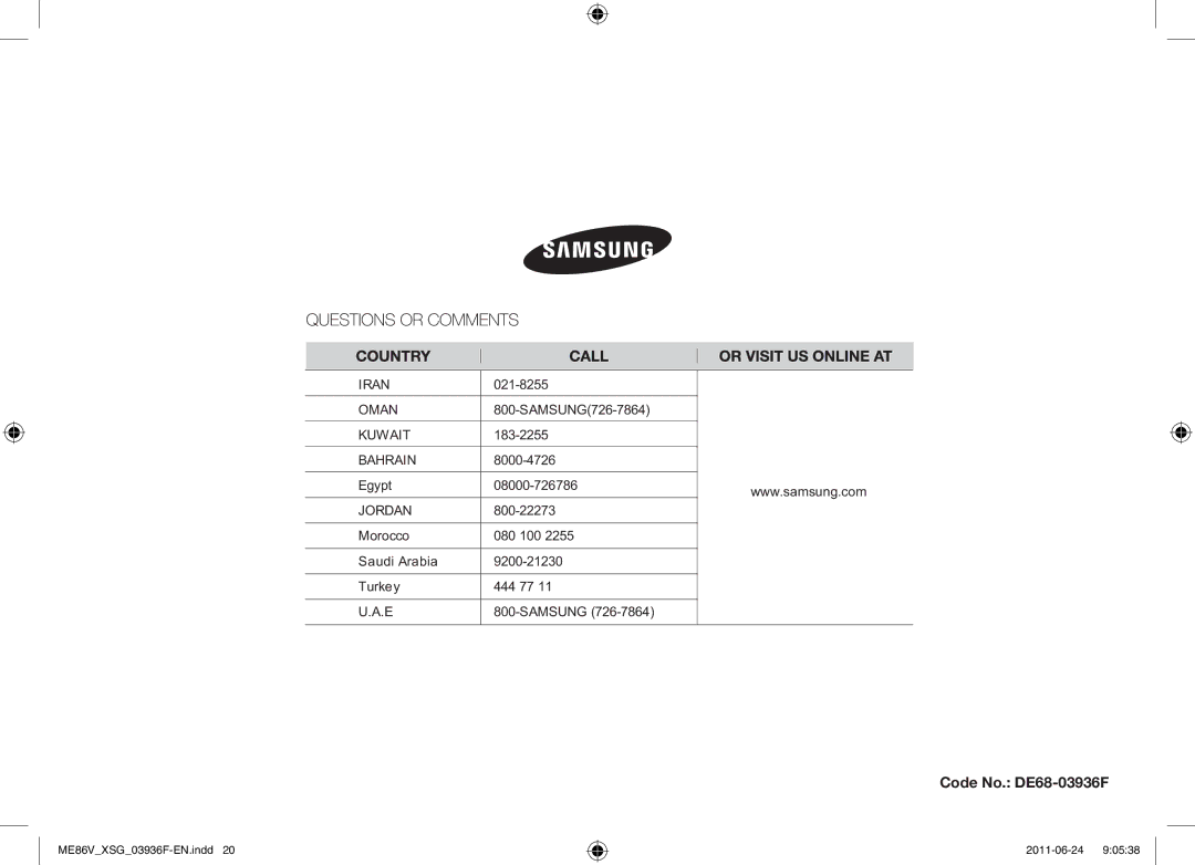 Samsung ME86V-SS/FAL manual Code No. DE68-03936F, 021-8255, SAMSUNG726-7864, 183-2255, Egypt 08000-726786 