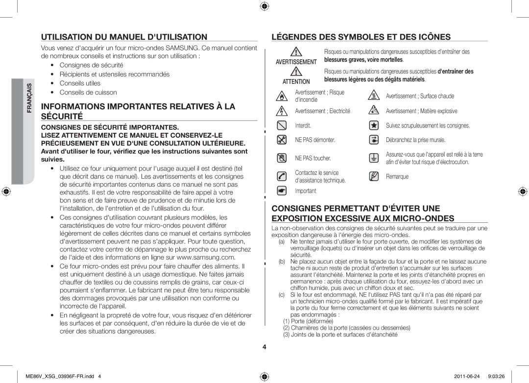 Samsung ME86V-SS/FAL manual Utilisation du manuel dutilisation, Légendes des symboles et des icônes 