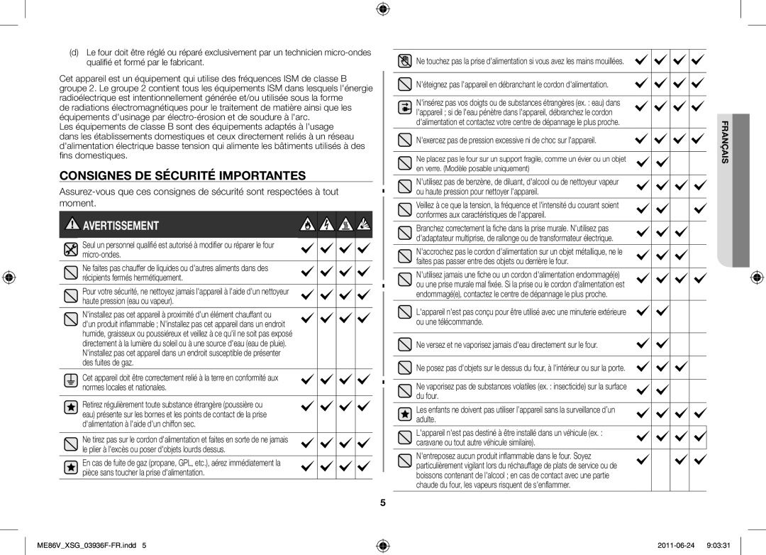 Samsung ME86V-SS/FAL manual Consignes de sécurité importantes, Nexercez pas de pression excessive ni de choc sur lappareil 