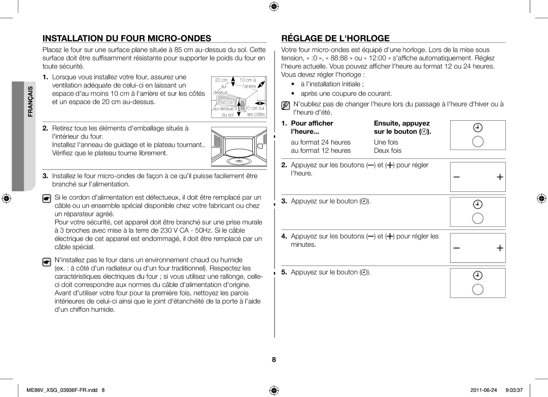 Samsung ME86V-SS/FAL manual Installation du four micro-ondes, Réglage de lhorloge 