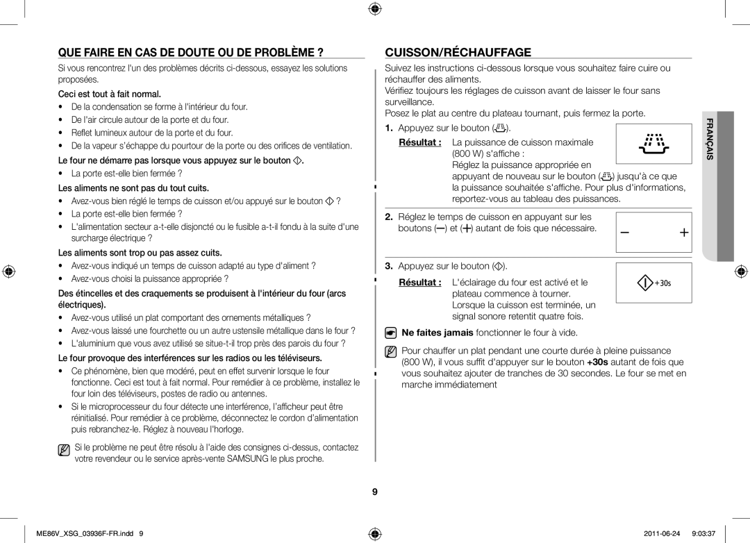 Samsung ME86V-SS/FAL manual Que faire en cas de doute ou de problème ?, Cuisson/Réchauffage 