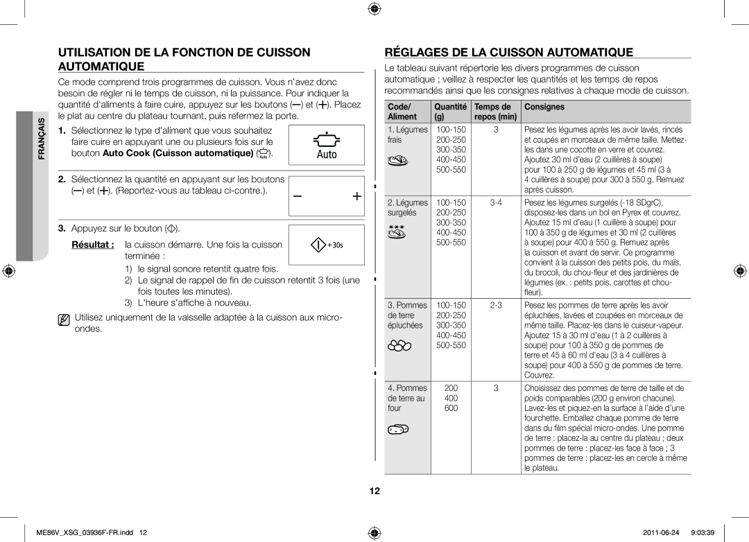 Samsung ME86V-SS/FAL manual Utilisation de la fonction de cuisson automatique, Réglages de la cuisson automatique 