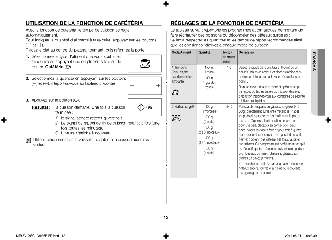 Samsung ME86V-SS/FAL manual Utilisation de la fonction de cafétéria, Réglages de la fonction de cafétéria, Min 