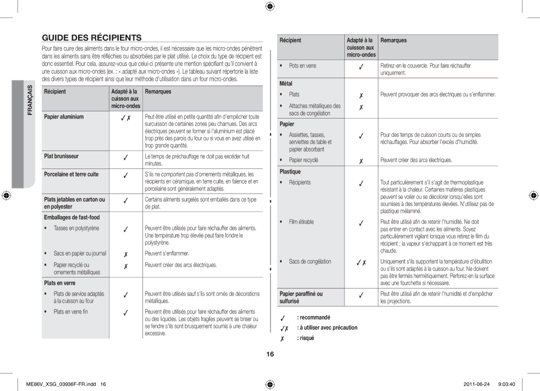 Samsung ME86V-SS/FAL manual Guide des récipients 