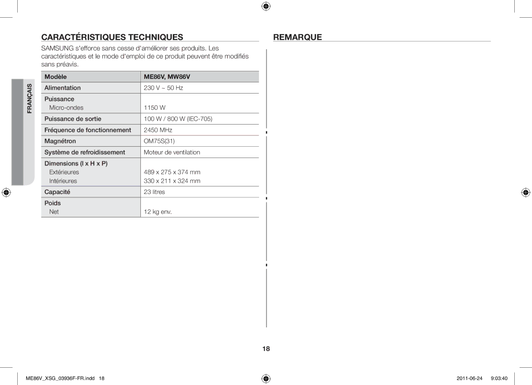 Samsung ME86V-SS/FAL manual Caractéristiques techniques Remarque, Modèle ME86V, MW86V 