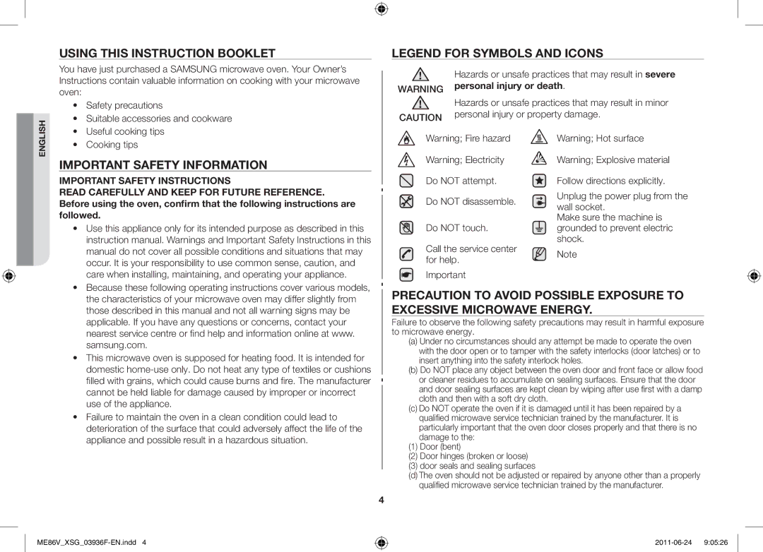 Samsung ME86V-SS/FAL manual Using this instruction booklet, Important Safety Information 