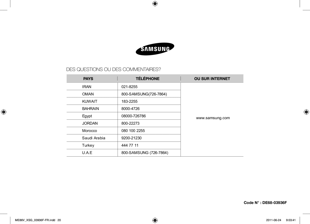 Samsung ME86V-SS/FAL manual 021-8255, SAMSUNG726-7864, 183-2255, Egypt 08000-726786, Code N DE68-03936F 