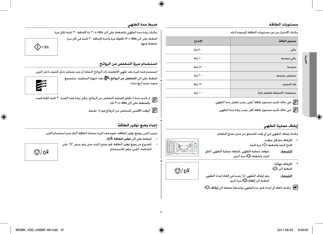 Samsung ME86V-SS/FAL manual يهطلا ةدم طبض, حئاورلا نم صلختلا ةزيم مادختسا, ةقاطلا تايوتسم 