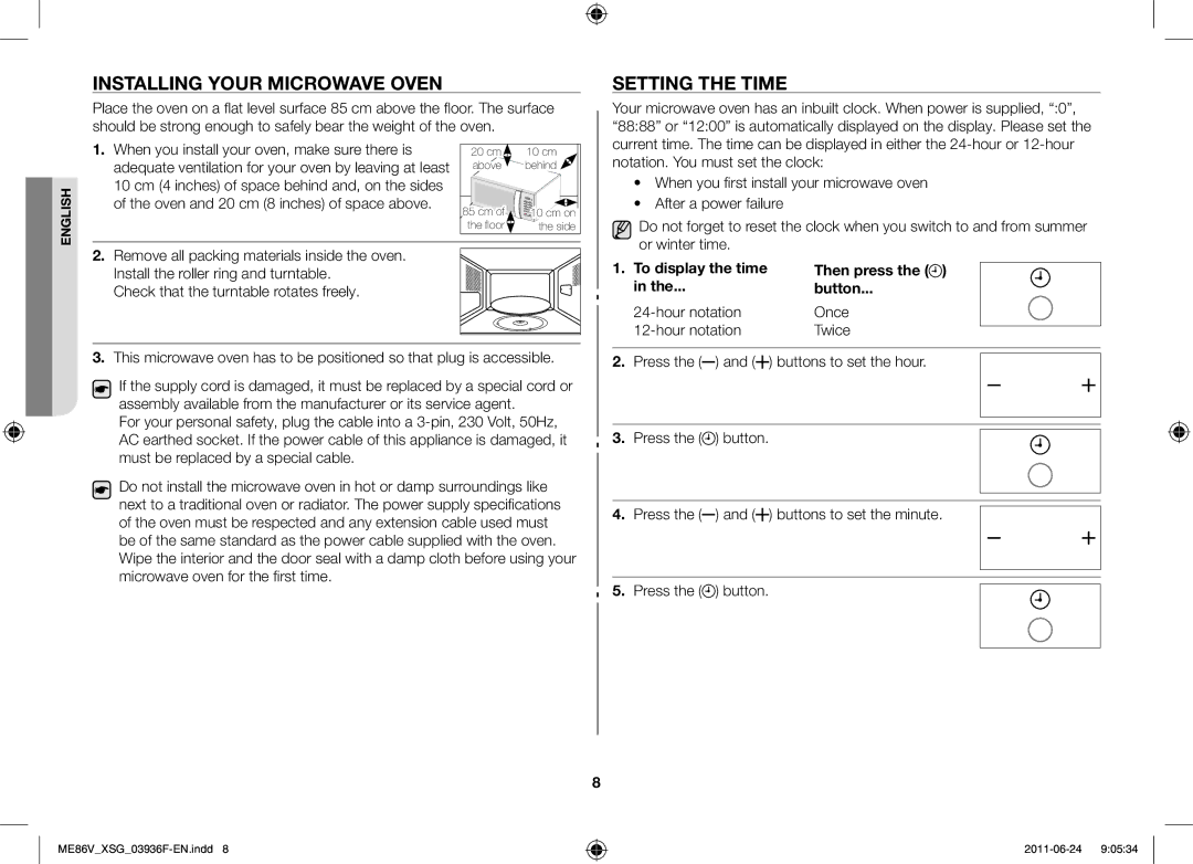 Samsung ME86V-SS/FAL manual Installing your microwave oven, Setting the time, Then press Button 