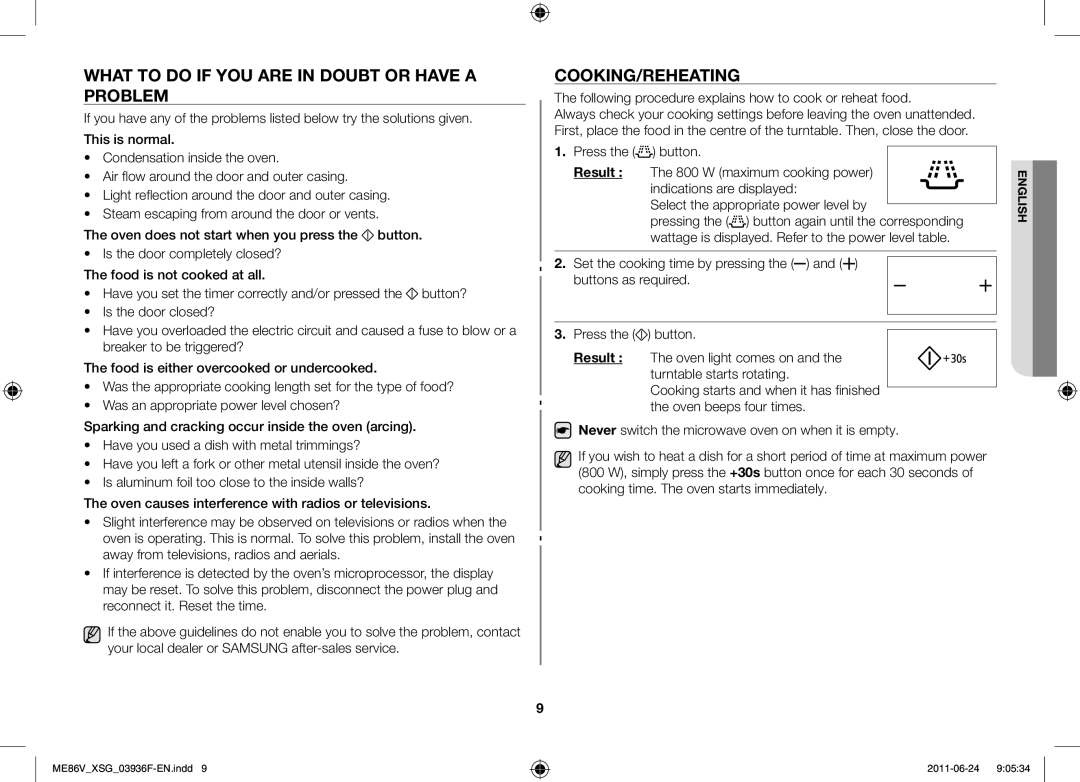 Samsung ME86V-SS/FAL manual What to do if you are in doubt or have a problem, Cooking/Reheating 