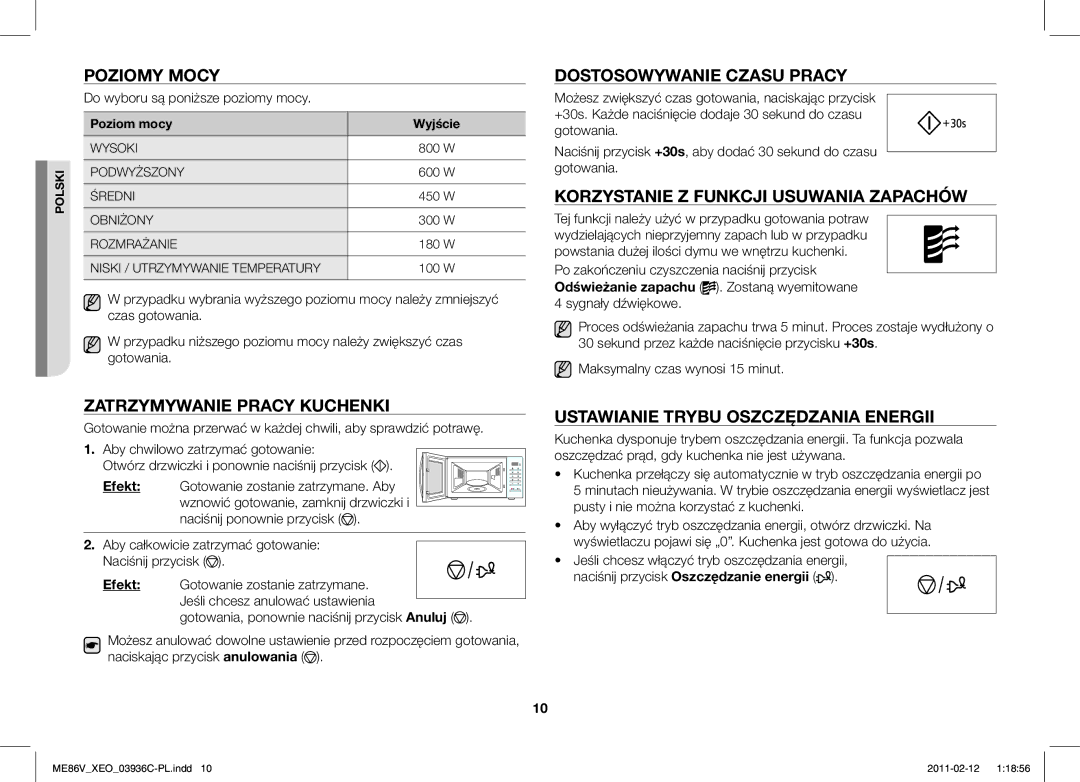 Samsung ME86V-SS/XEO manual Poziomy Mocy, Dostosowywanie Czasu Pracy, Korzystanie Z Funkcji Usuwania Zapachów 