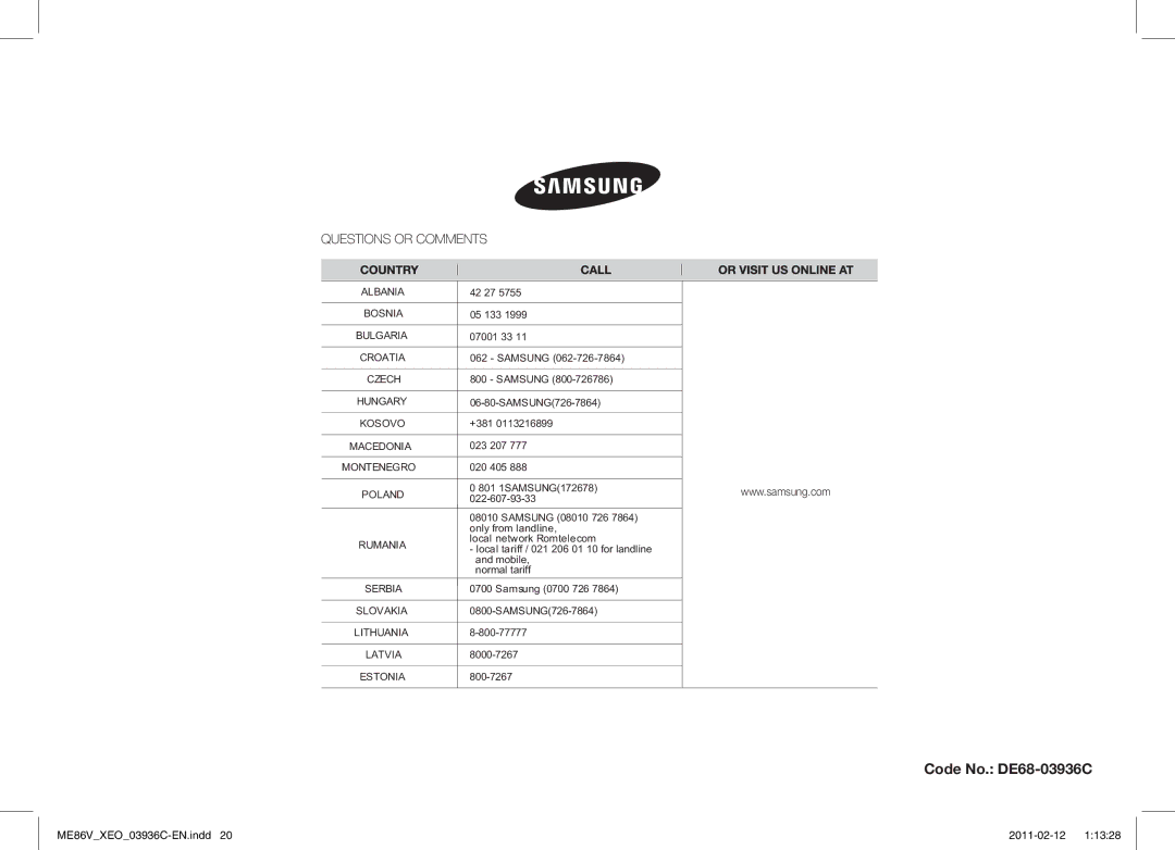 Samsung ME86V-SS/XEO manual Code No. DE68-03936C 