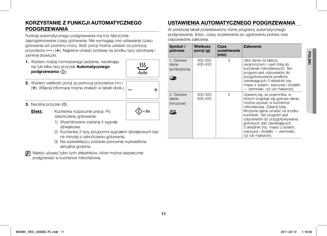 Samsung ME86V-SS/XEO manual Korzystanie Z Funkcji Automatycznego Podgrzewania, Ustawienia Automatycznego Podgrzewania 