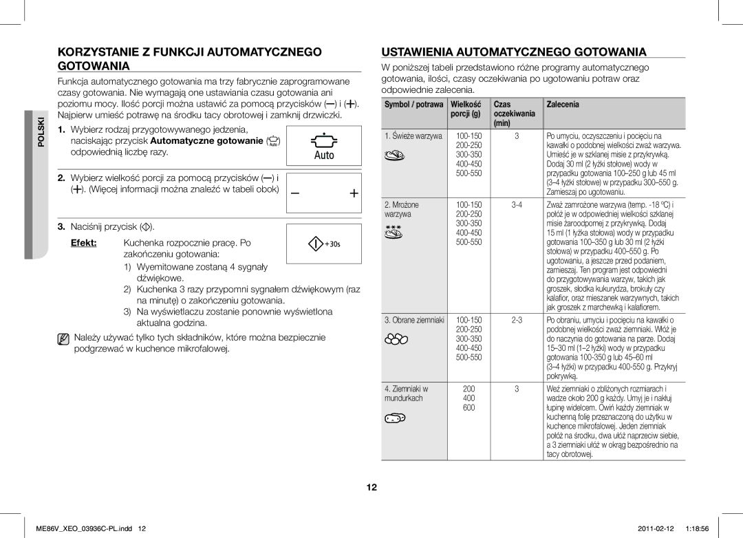 Samsung ME86V-SS/XEO manual Korzystanie Z Funkcji Automatycznego Gotowania, Ustawienia Automatycznego Gotowania 