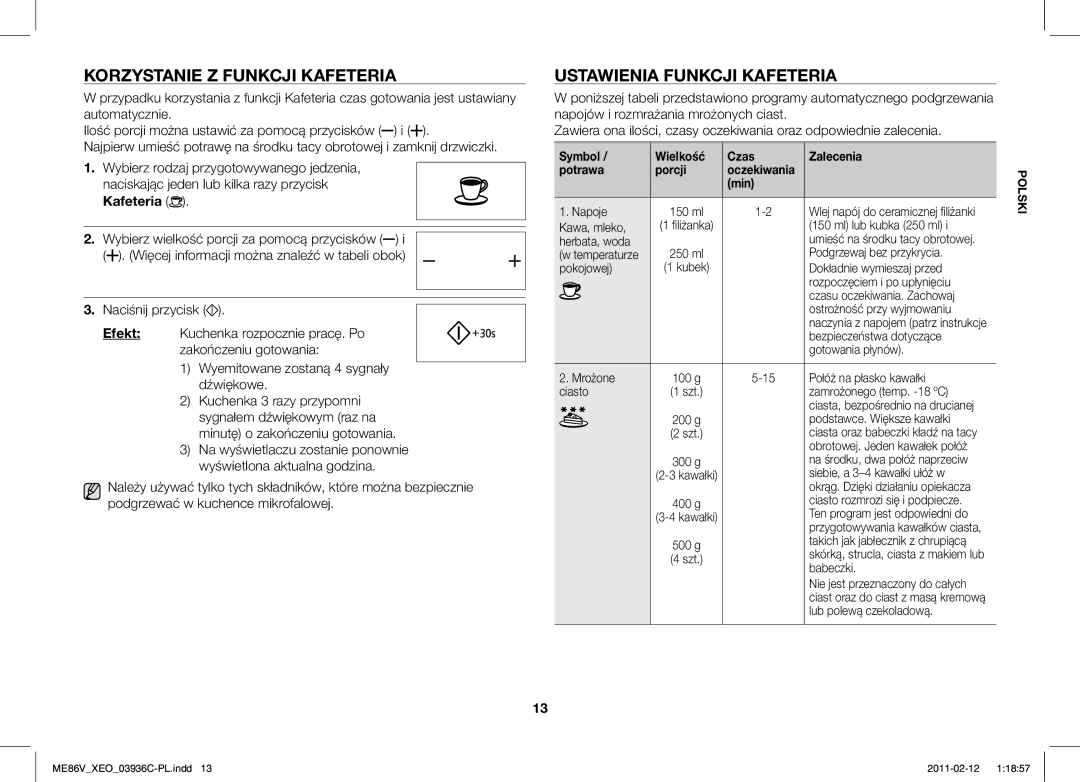 Samsung ME86V-SS/XEO manual Korzystanie Z Funkcji Kafeteria, Ustawienia Funkcji Kafeteria 