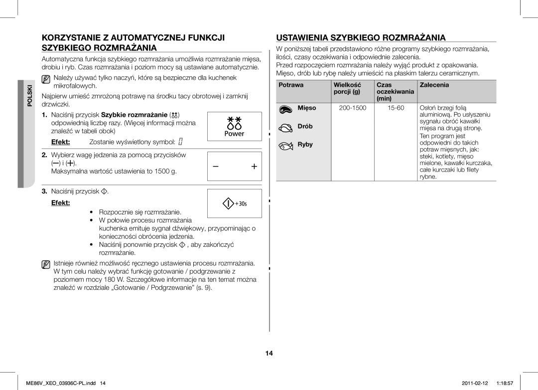 Samsung ME86V-SS/XEO Korzystanie Z Automatycznej Funkcji Szybkiego Rozmrażania, Ustawienia Szybkiego Rozmrażania, Efekt 