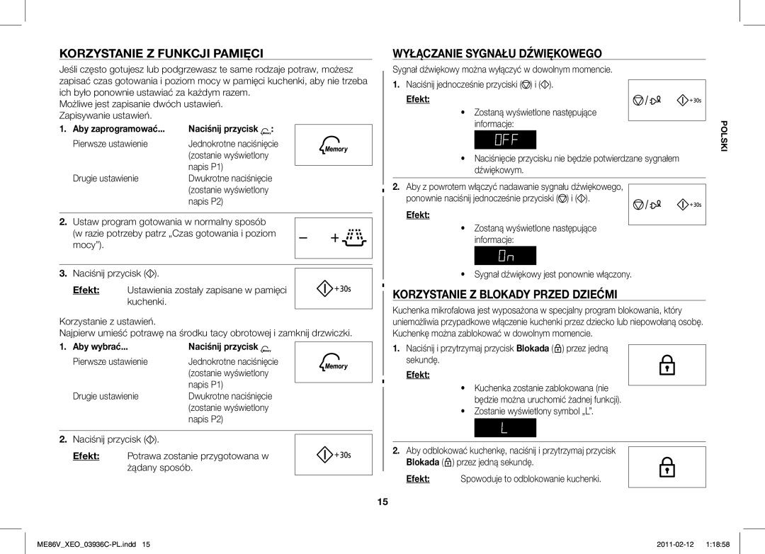 Samsung ME86V-SS/XEO Korzystanie Z Funkcji Pamięci, Wyłączanie Sygnału Dźwiękowego, Korzystanie Z Blokady Przed Dziećmi 