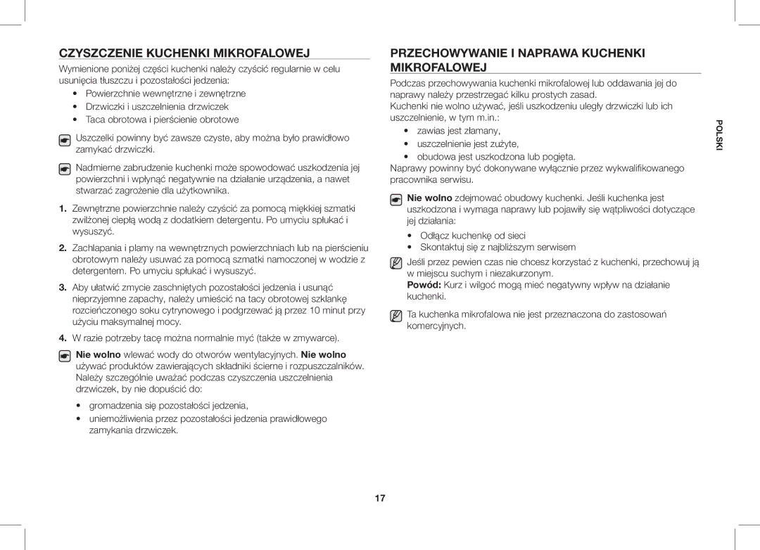 Samsung ME86V-SS/XEO manual Czyszczenie Kuchenki Mikrofalowej, Przechowywanie I Naprawa Kuchenki Mikrofalowej 