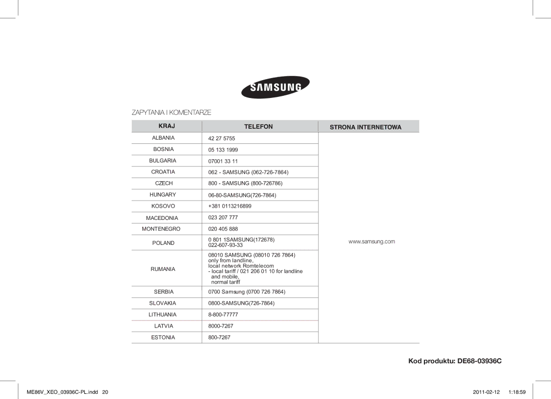 Samsung ME86V-SS/XEO manual Kod produktu DE68-03936C 