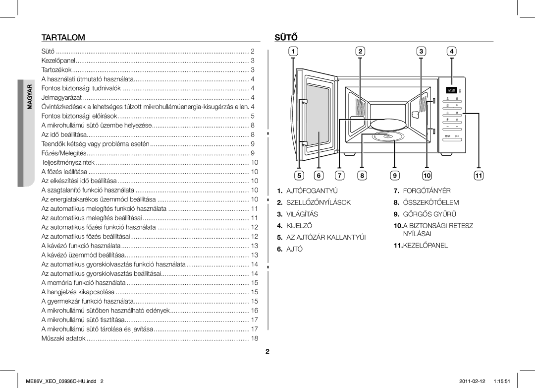 Samsung ME86V-SS/XEO manual Tartalom, Sütő 