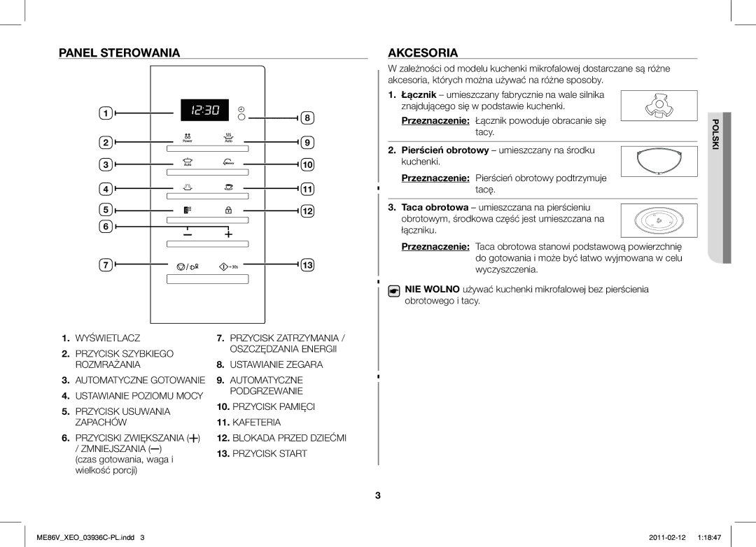 Samsung ME86V-SS/XEO manual Panel Sterowania, Akcesoria, Czas gotowania, waga, Wielkość porcji 