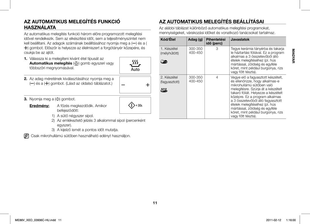 Samsung ME86V-SS/XEO manual AZ Automatikus Melegítés Funkció Használata, AZ Automatikus Melegítés Beállításai 