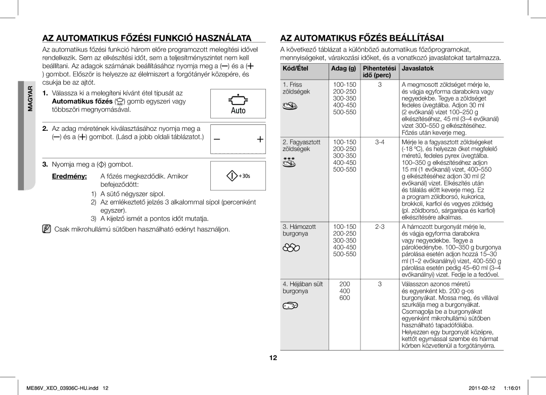 Samsung ME86V-SS/XEO AZ Automatikus Főzési Funkció Használata, AZ Automatikus Főzés Beállításai, Többszöri megnyomásával 