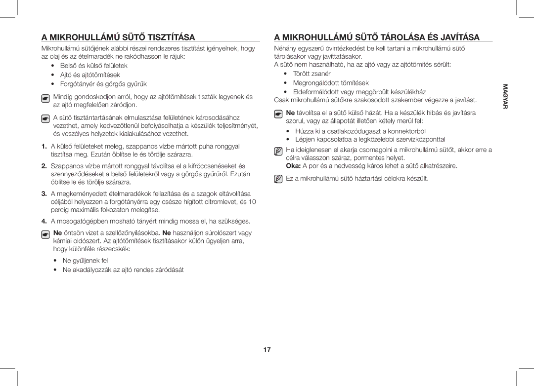 Samsung ME86V-SS/XEO manual Mikrohullámú Sütő Tisztítása, Mikrohullámú Sütő Tárolása ÉS Javítása 