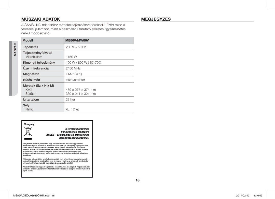 Samsung ME86V-SS/XEO manual Műszaki Adatok Megjegyzés, Modell 