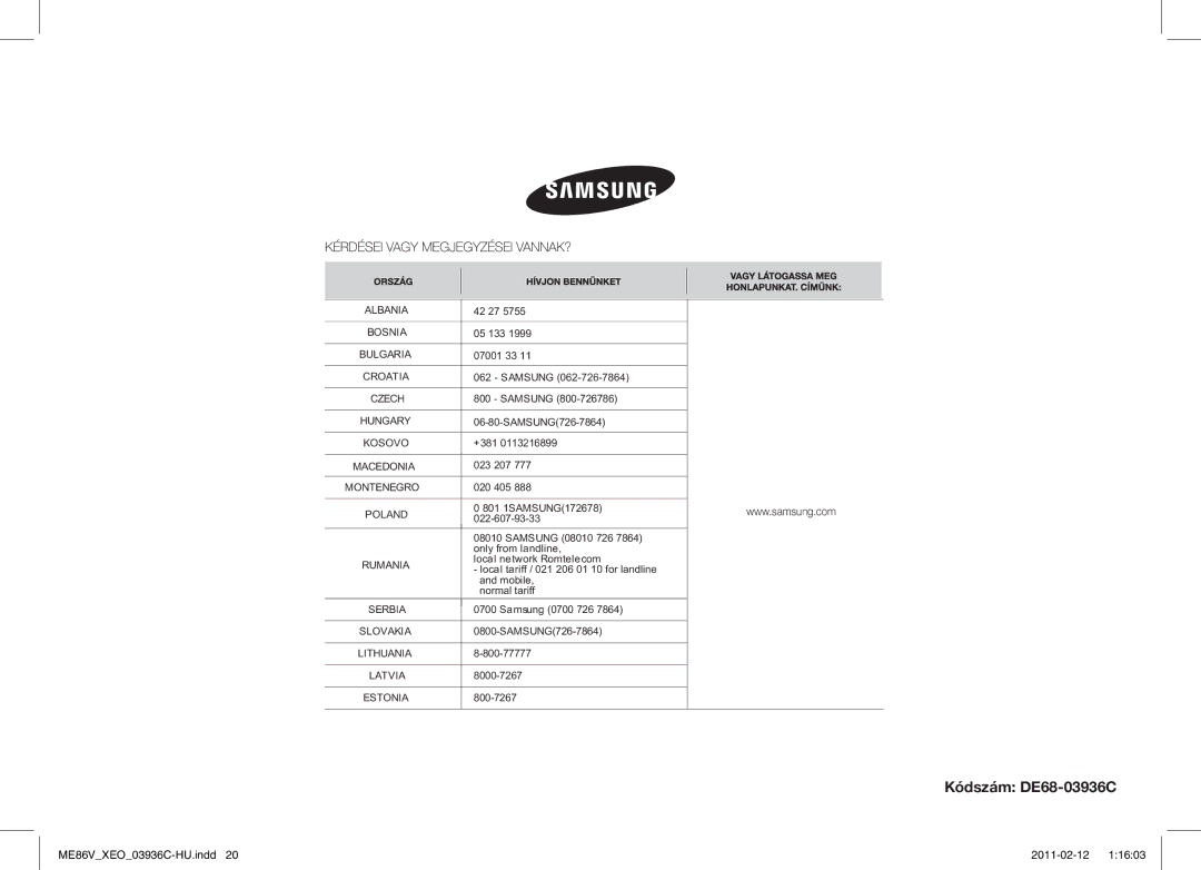 Samsung ME86V-SS/XEO manual Kódszám DE68-03936C 