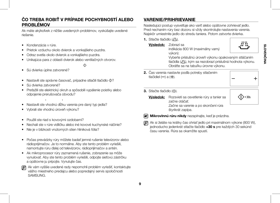 Samsung ME86V-SS/XEO manual ČO Treba Robiť V Prípade Pochybností Alebo Problémov, Varenie/Prihrievanie 