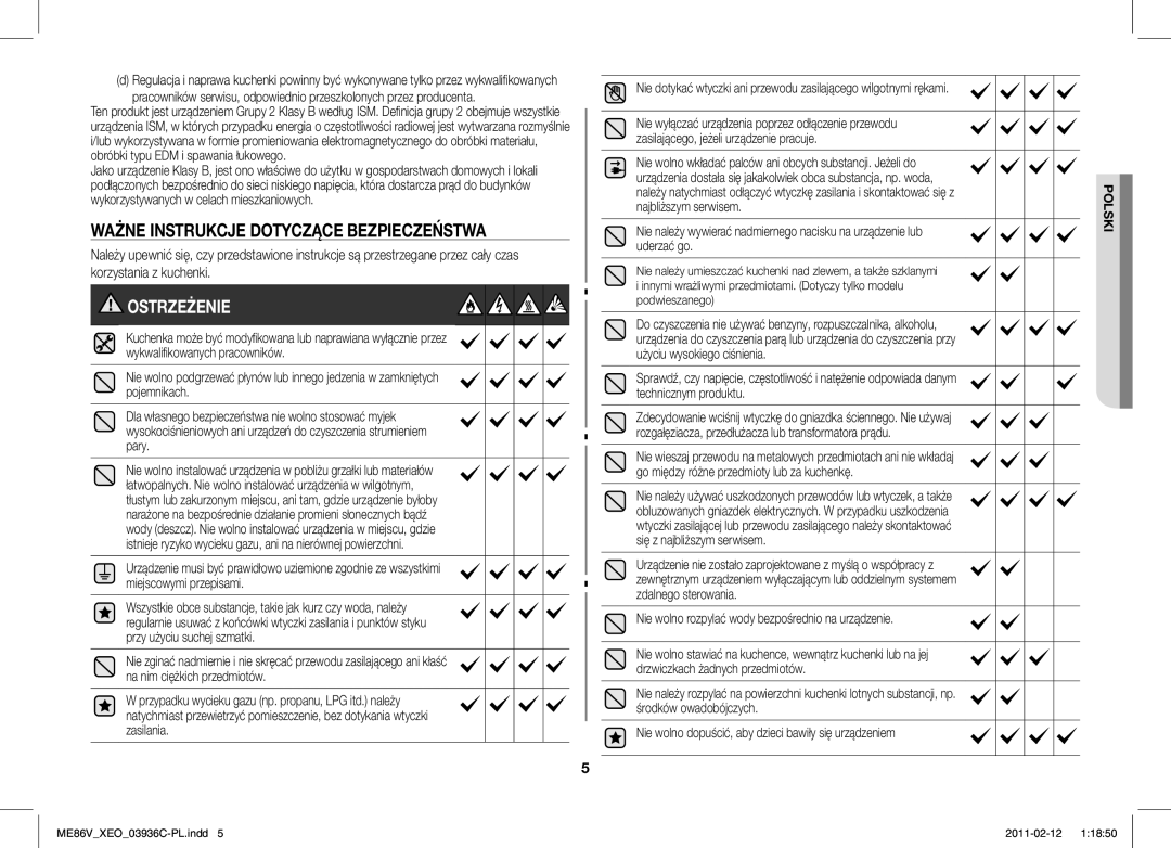 Samsung ME86V-SS/XEO manual Ważne Instrukcje Dotyczące Bezpieczeństwa, Nie wolno rozpylać wody bezpośrednio na urządzenie 