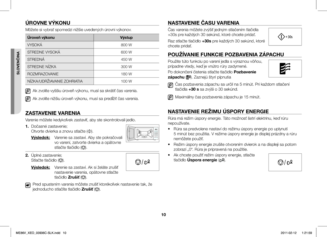 Samsung ME86V-SS/XEO Úrovne Výkonu, Zastavenie Varenia, Nastavenie Času Varenia, Používanie Funkcie Pozbavenia Zápachu 