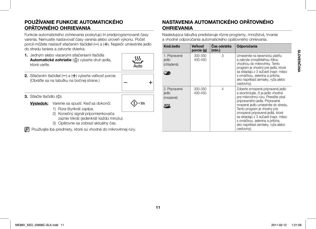 Samsung ME86V-SS/XEO Používanie Funkcie Automatického Opätovného Ohrievania, Automatické zohriatie vyberte druh jedla 