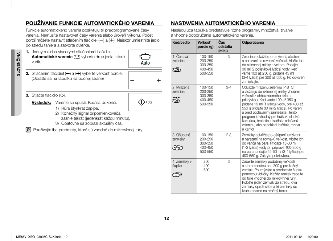 Samsung ME86V-SS/XEO manual Používanie Funkcie Automatického Varenia, Nastavenia Automatického Varenia 