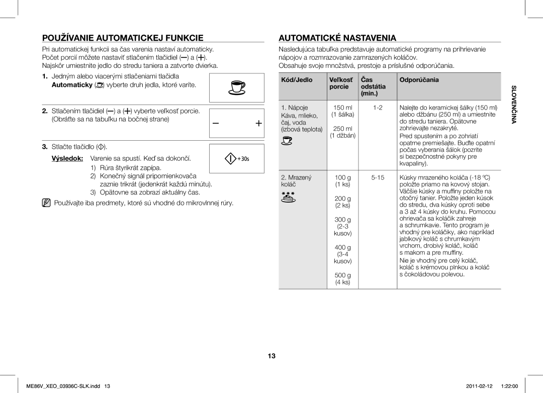 Samsung ME86V-SS/XEO manual Používanie Automatickej Funkcie, Automatické Nastavenia, Kód/Jedlo Veľ kosť Čas Odporúčania 