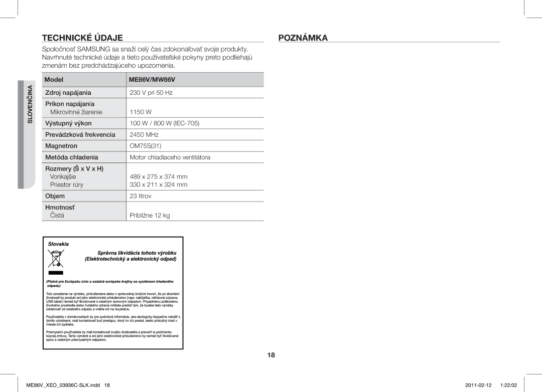 Samsung ME86V-SS/XEO manual Technické Údaje Poznámka, Model 