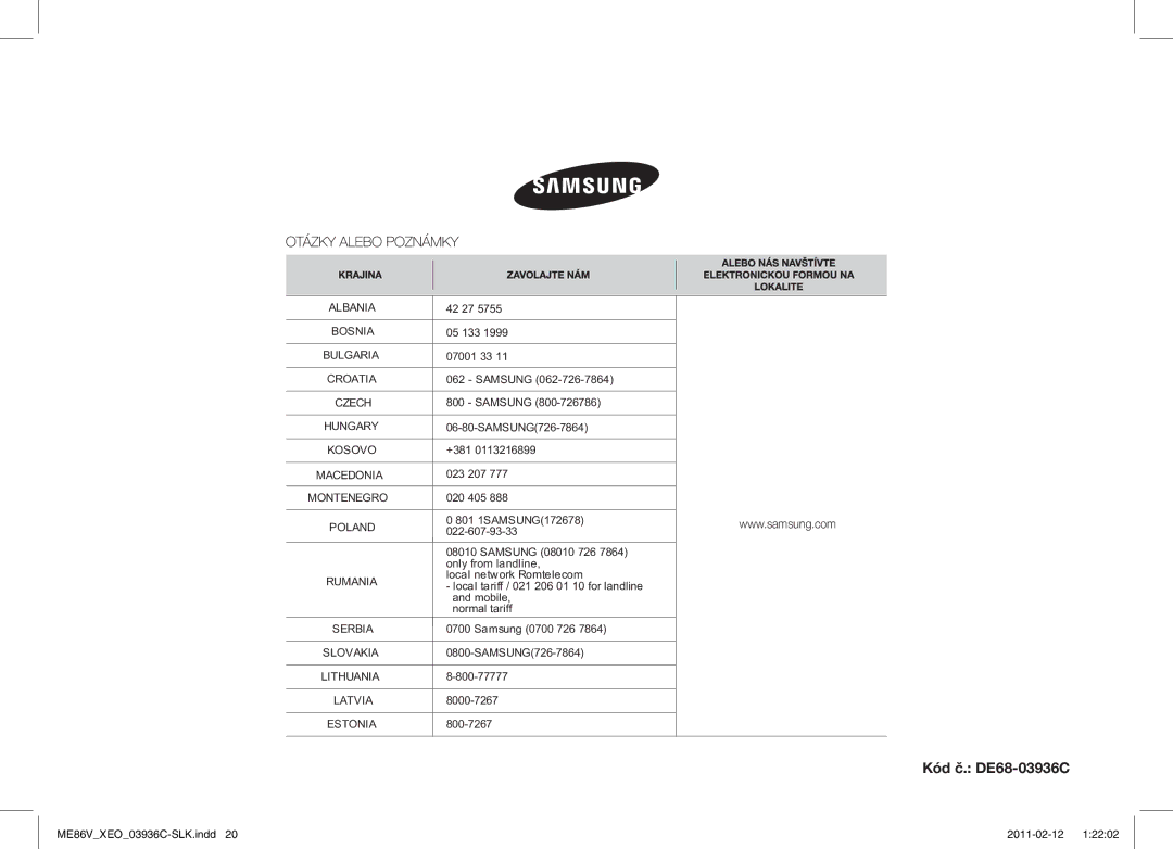 Samsung ME86V-SS/XEO manual Kód č. DE68-03936C 