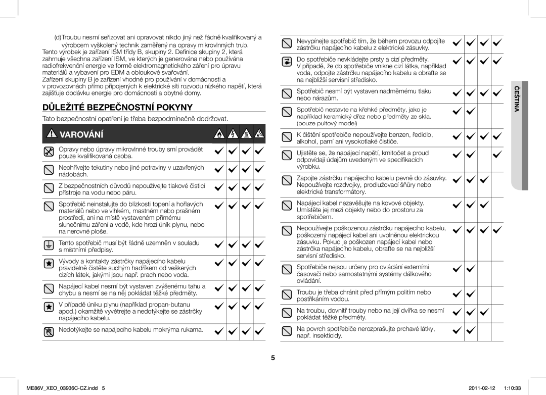 Samsung ME86V-SS/XEO manual Důležité Bezpečnostní Pokyny, Tato bezpečnostní opatření je třeba bezpodmínečně dodržovat 