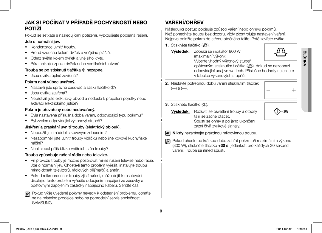 Samsung ME86V-SS/XEO manual JAK SI Počínat V Případě Pochybností Nebo Potíží, Vaření/Ohřev 