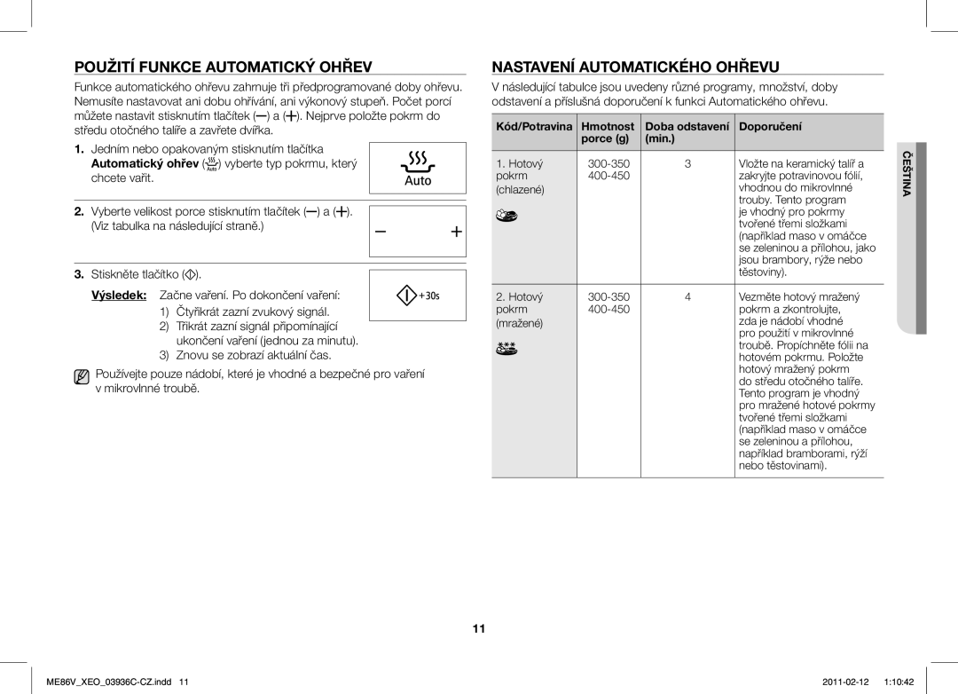 Samsung ME86V-SS/XEO manual Použití Funkce Automatický Ohřev, Nastavení Automatického Ohřevu 